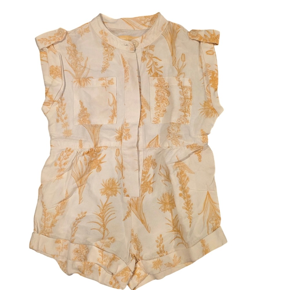 Gingersnaps Girls Floral Linen Blend Romper Yellow White Button Front Size 4